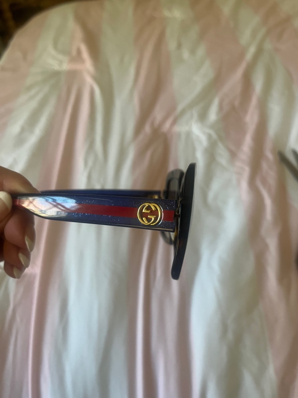 Gucci Navy Sunglasses with Red Stripe and Gold GG Logo